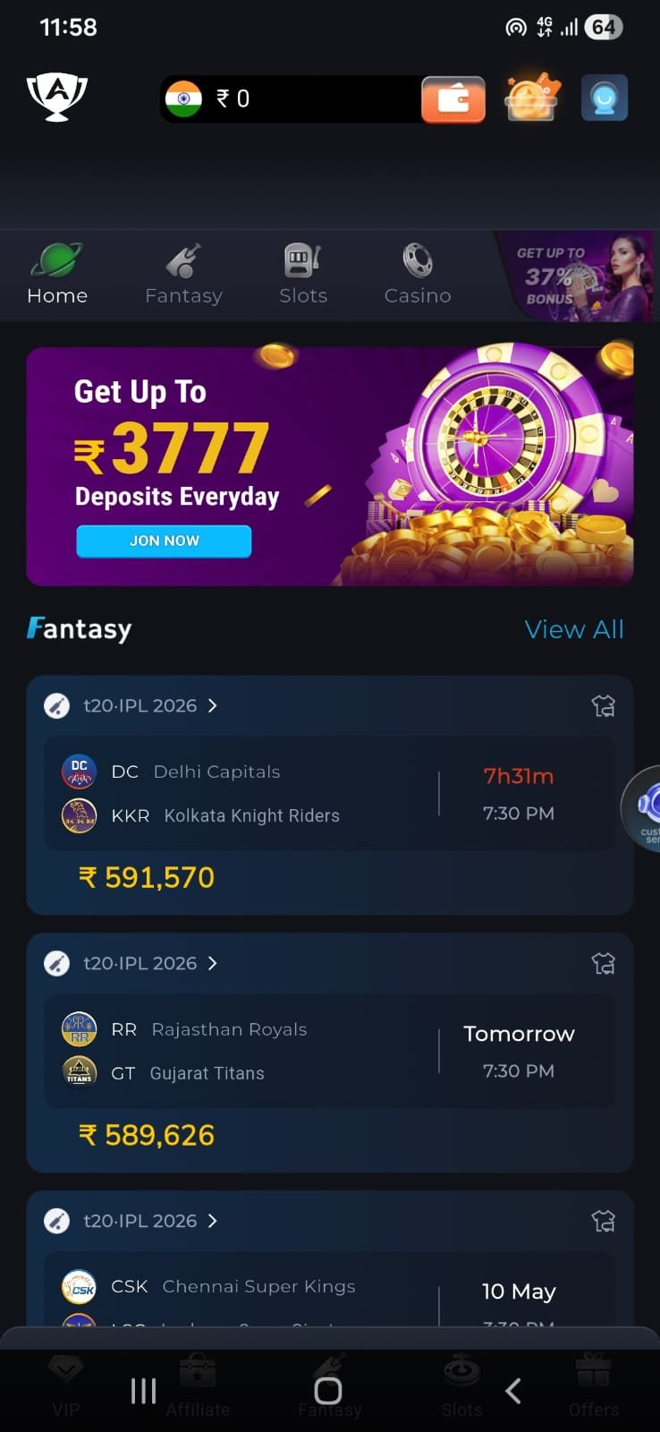 Ace Dream fantasy cricket contest screen with IPL match details